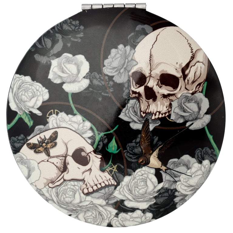 Metal Compact Mirror - Skulls and Roses Design, Aluminium Frame with Glass Surface