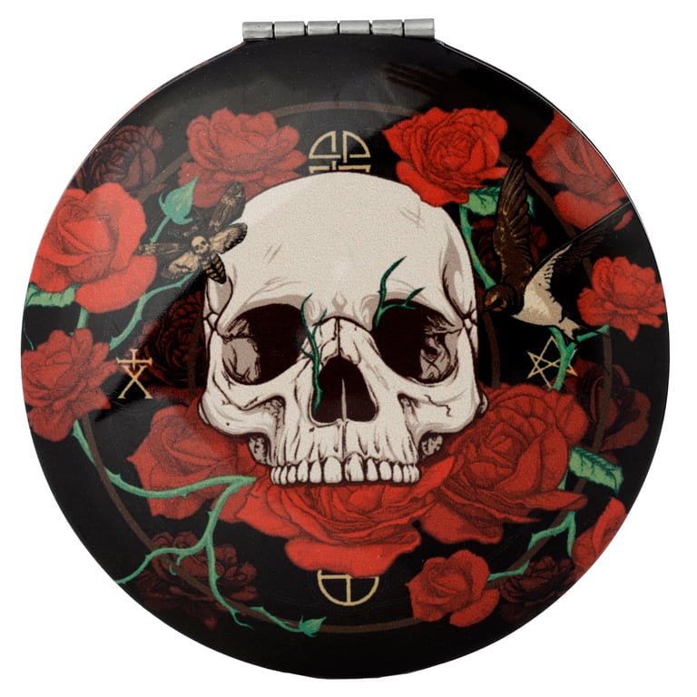 Metal Compact Mirror - Skulls and Roses Design, Aluminium Frame with Glass Surface