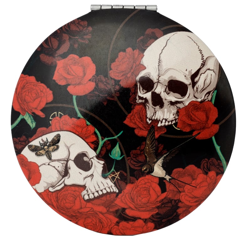 Metal Compact Mirror - Skulls and Roses Design, Aluminium Frame with Glass Surface