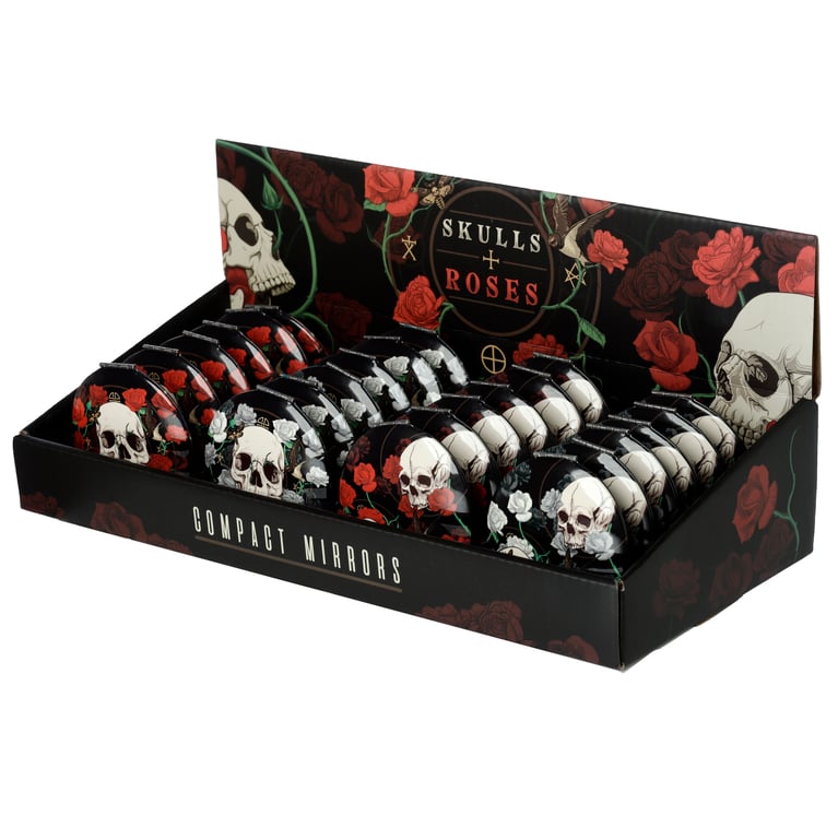 Metal Compact Mirror - Skulls and Roses Design, Aluminium Frame with Glass Surface