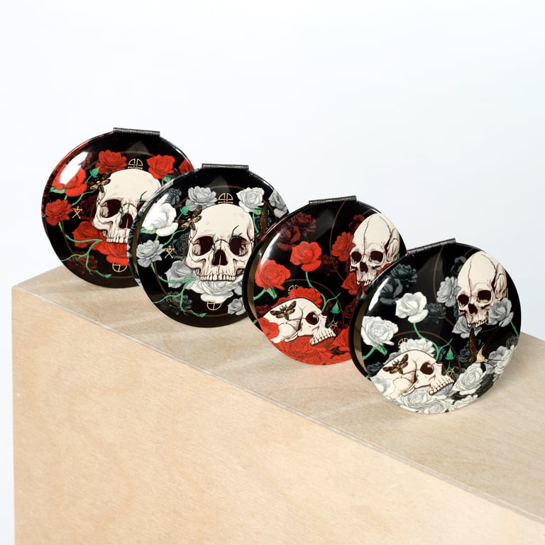Metal Compact Mirror - Skulls and Roses Design, Aluminium Frame with Glass Surface