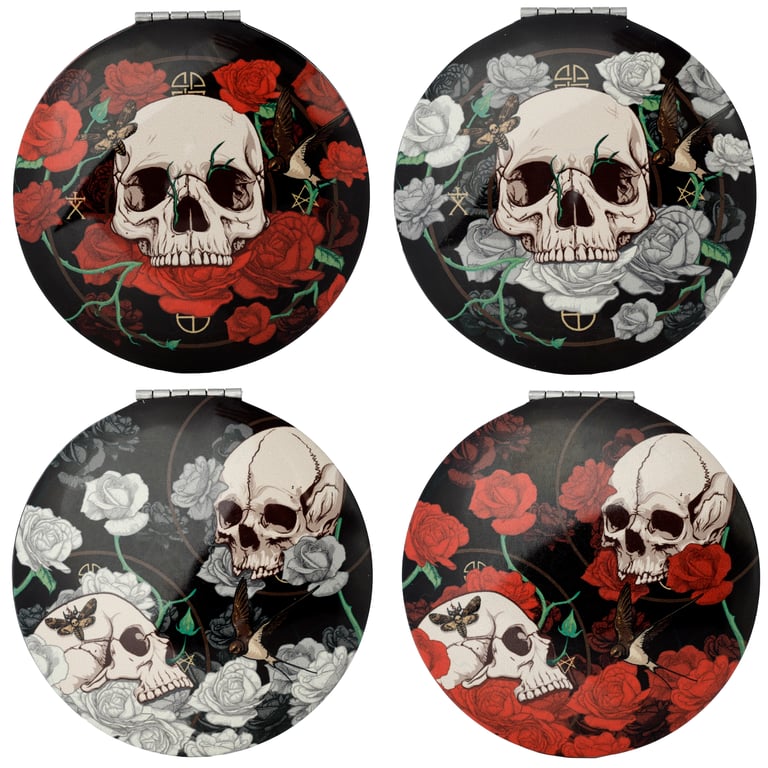 Metal Compact Mirror - Skulls and Roses Design, Aluminium Frame with Glass Surface