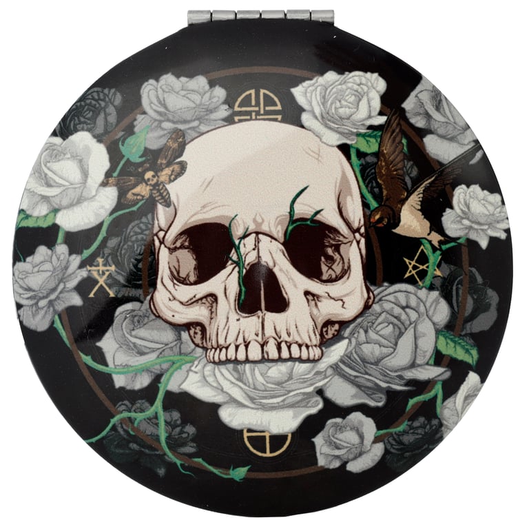 Metal Compact Mirror - Skulls and Roses Design, Aluminium Frame with Glass Surface