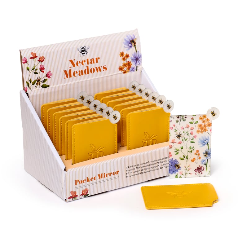 Nectar Meadows Bee Pocket Mirror with Leatherette Sleeve and Glass Finish
