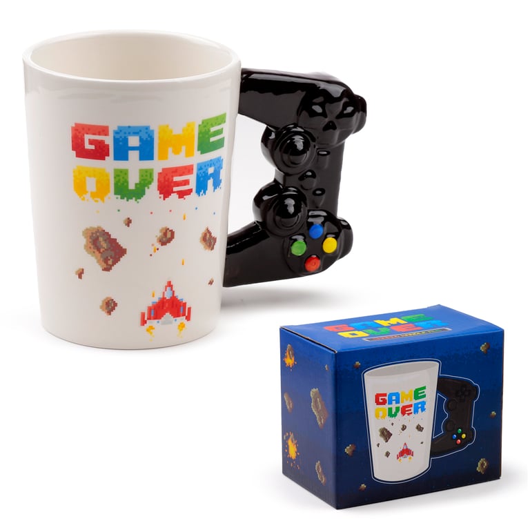 400ml Ceramic Mug - Game Over Pixel Decal Shaped Handle Design