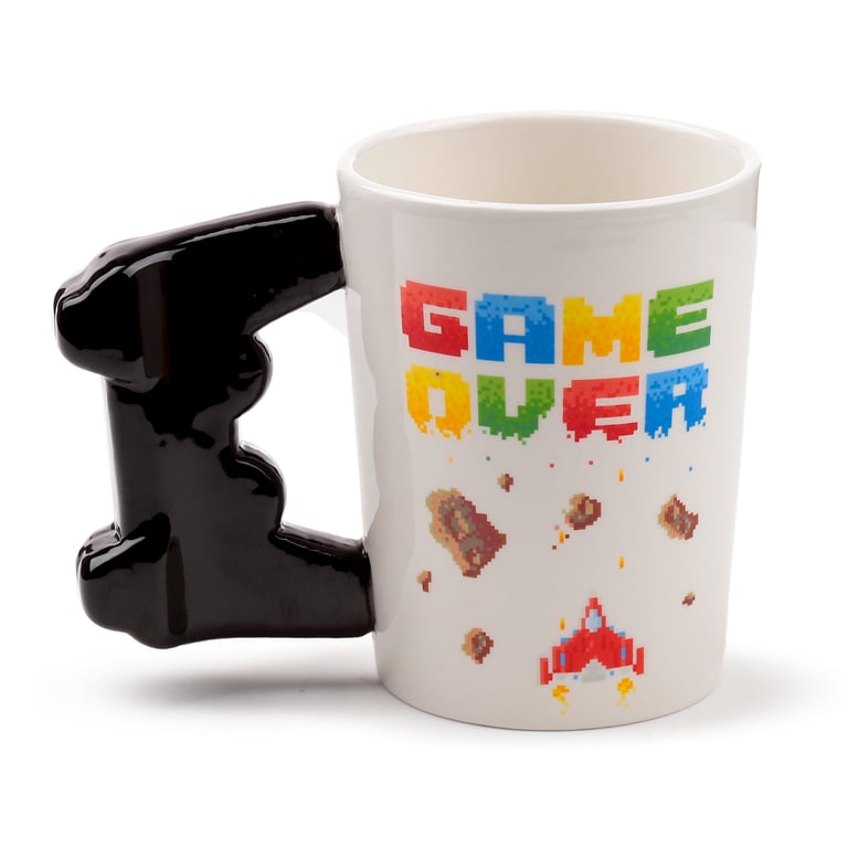 400ml Ceramic Mug - Game Over Pixel Decal Shaped Handle Design