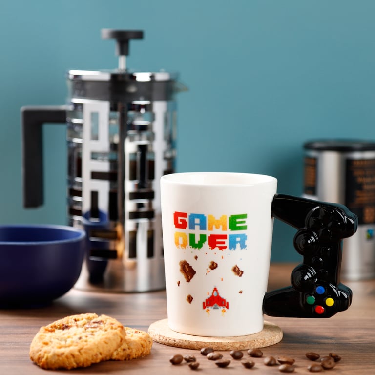 400ml Ceramic Mug - Game Over Pixel Decal Shaped Handle Design