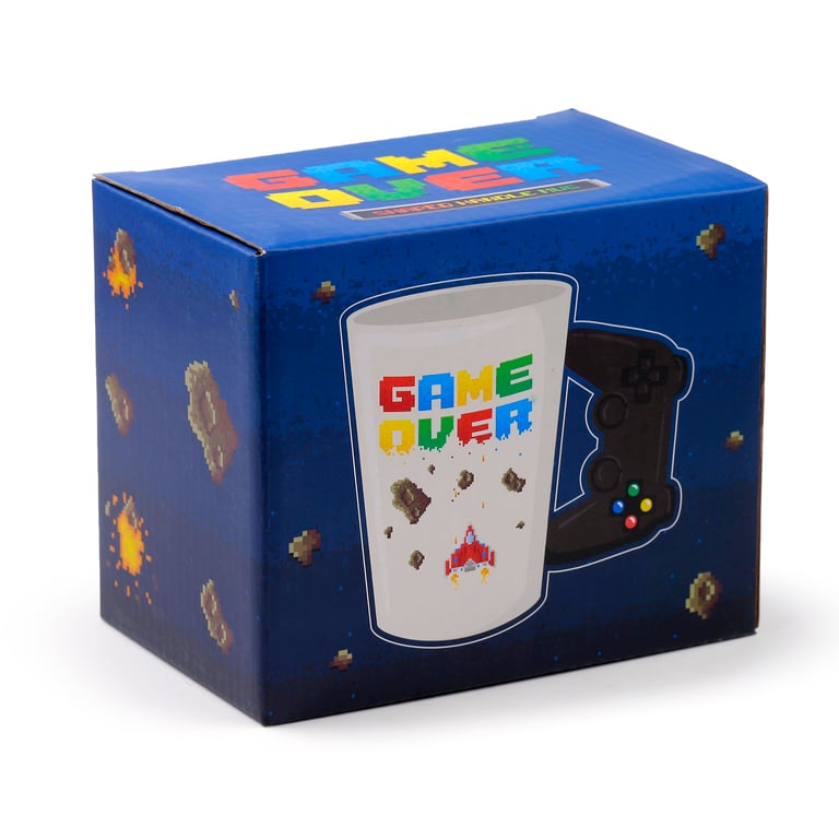 400ml Ceramic Mug - Game Over Pixel Decal Shaped Handle Design