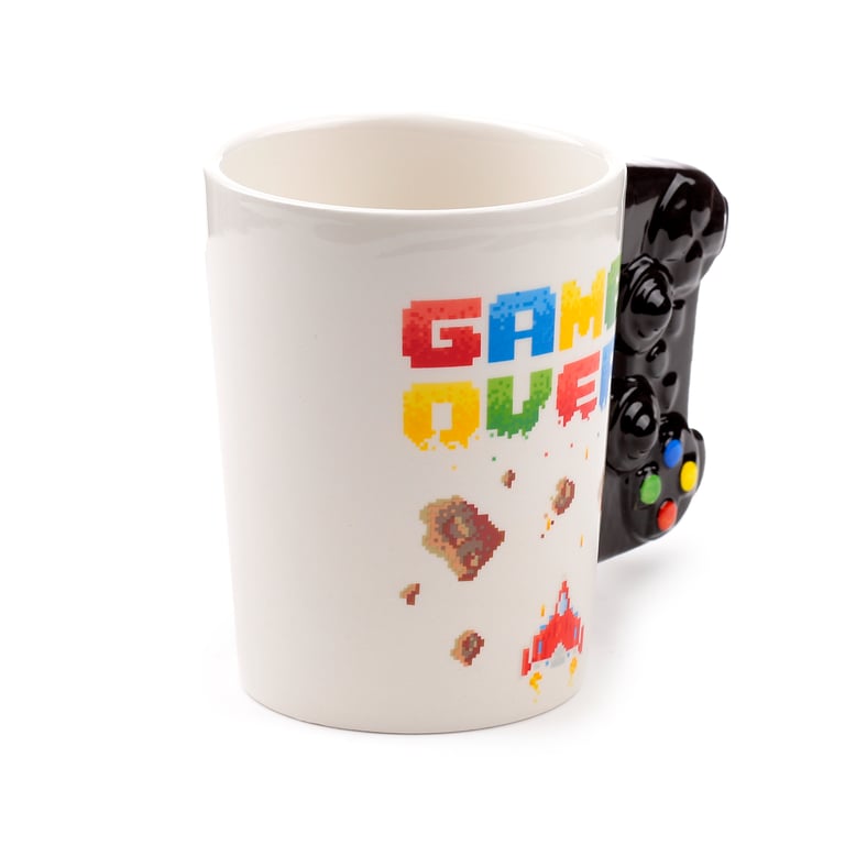 400ml Ceramic Mug - Game Over Pixel Decal Shaped Handle Design