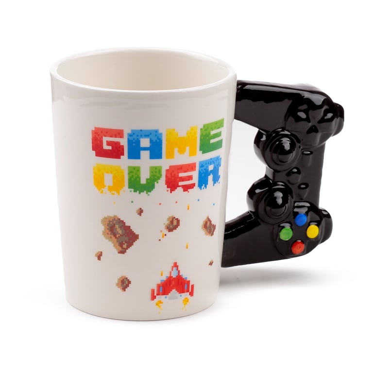 400ml Ceramic Mug - Game Over Pixel Decal Shaped Handle Design