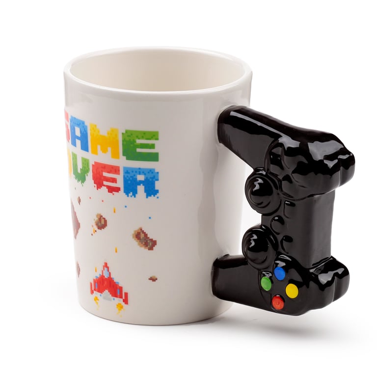 400ml Ceramic Mug - Game Over Pixel Decal Shaped Handle Design