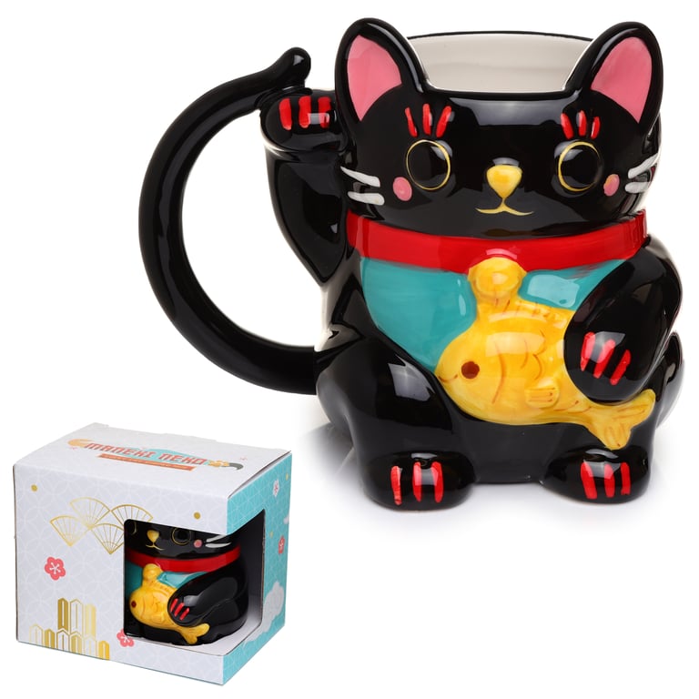 Black Maneki Neko Ceramic Mug - Novelty Shaped, Food Safe, 450ml