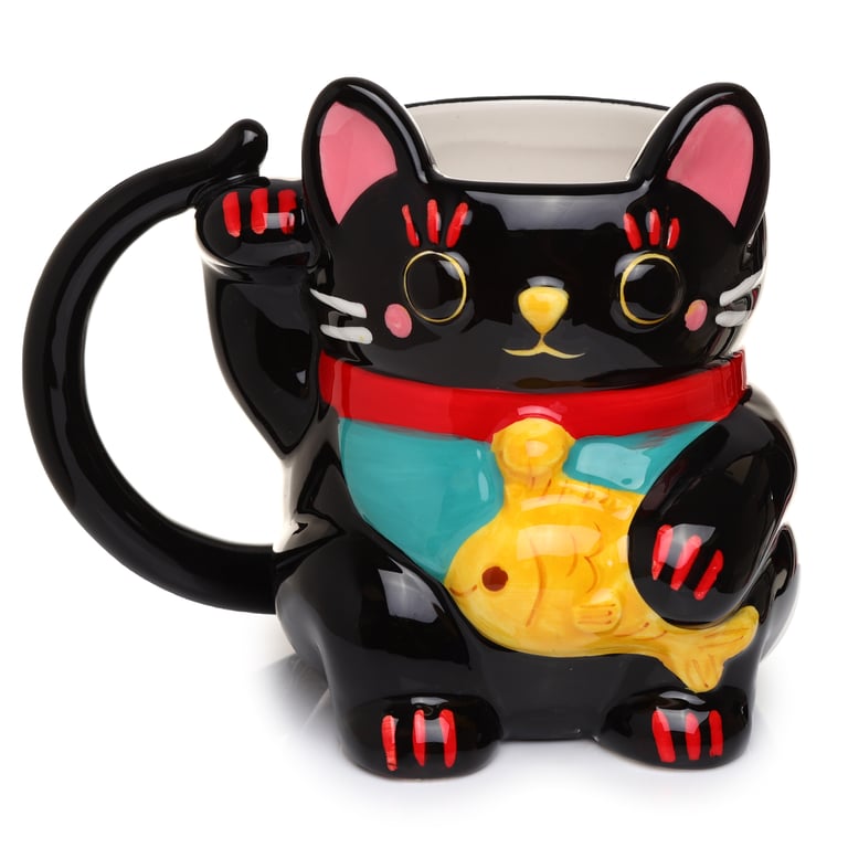 Black Maneki Neko Ceramic Mug - Novelty Shaped, Food Safe, 450ml