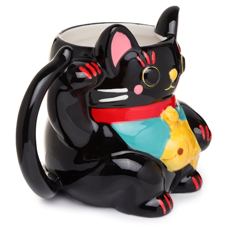 Black Maneki Neko Ceramic Mug - Novelty Shaped, Food Safe, 450ml