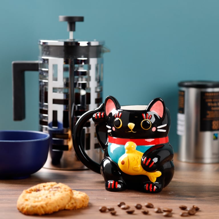 Black Maneki Neko Ceramic Mug - Novelty Shaped, Food Safe, 450ml