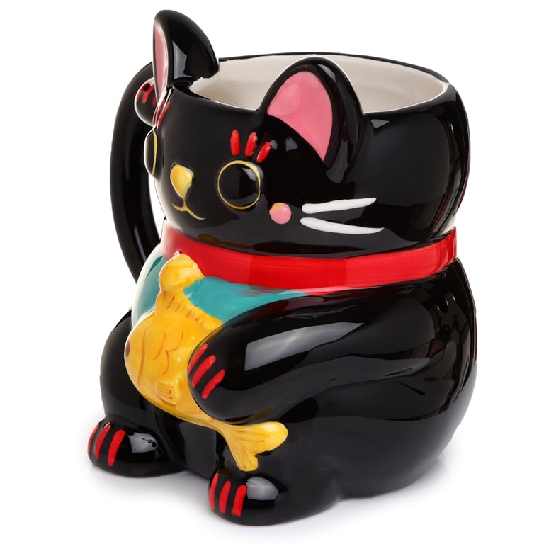 Black Maneki Neko Ceramic Mug - Novelty Shaped, Food Safe, 450ml