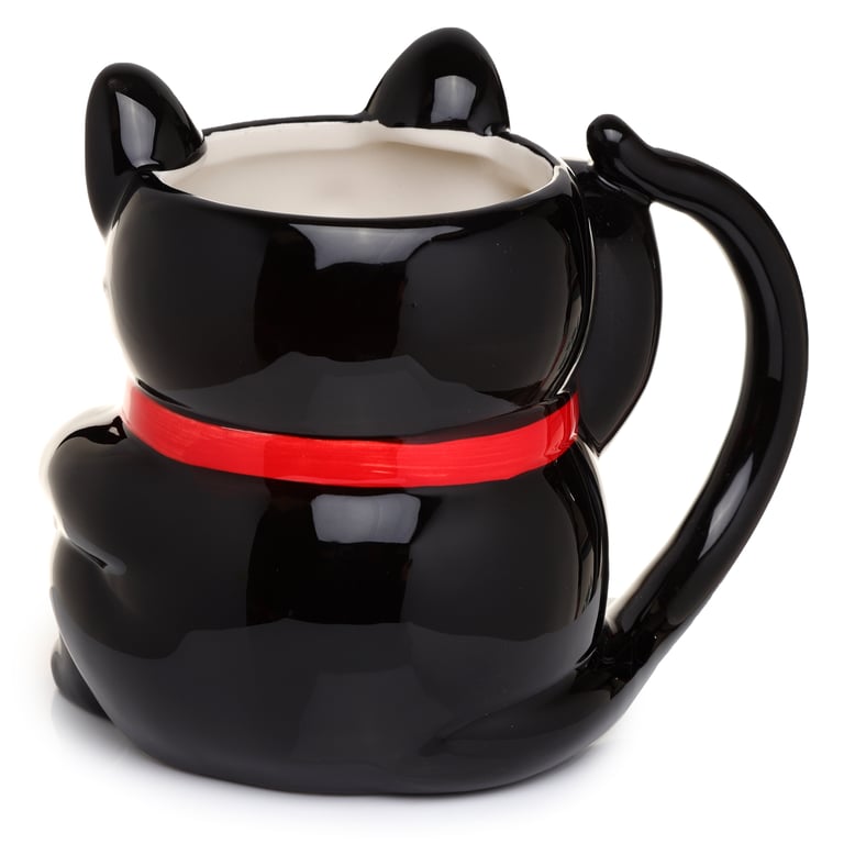 Black Maneki Neko Ceramic Mug - Novelty Shaped, Food Safe, 450ml