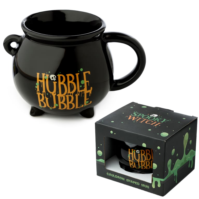 Hubble Bubble Black Cauldron 550ml Ceramic Halloween Mug - Food Safe, Unique Gift