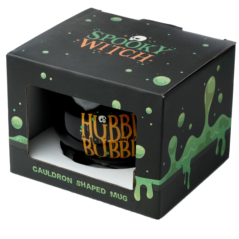 Hubble Bubble Black Cauldron 550ml Ceramic Halloween Mug - Food Safe, Unique Gift
