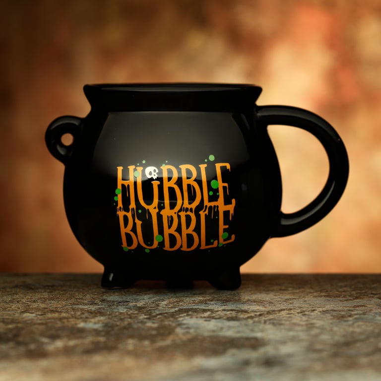 Hubble Bubble Black Cauldron 550ml Ceramic Halloween Mug - Food Safe, Unique Gift