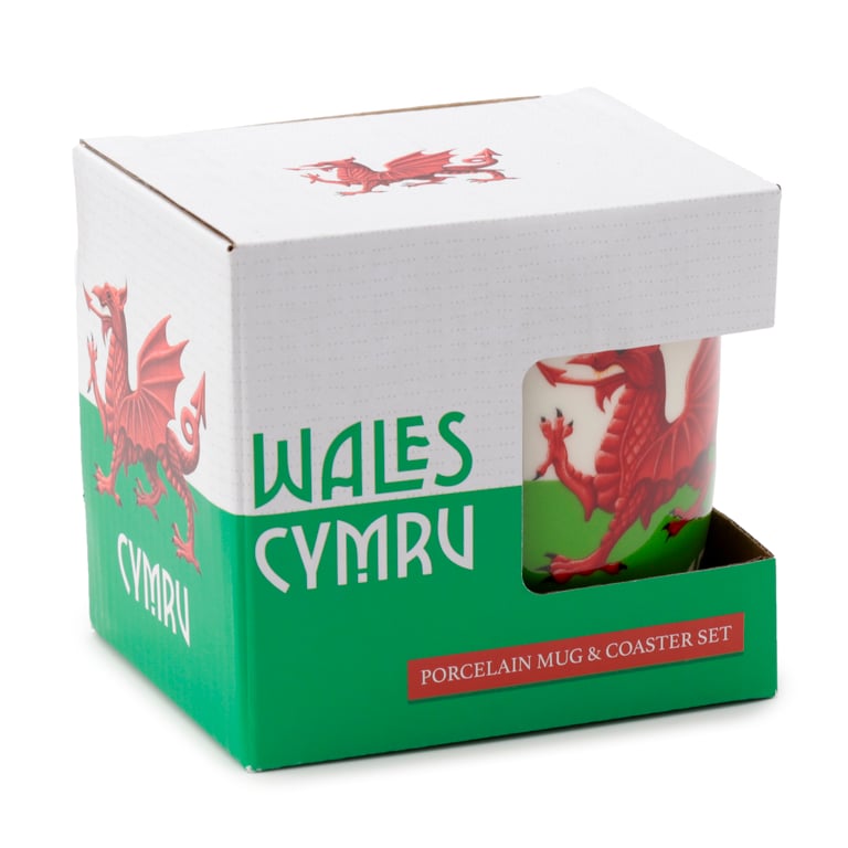Porcelain Welsh Dragon Mug & Coaster Set - Dishwasher Safe, 375ml Souvenir from Wales