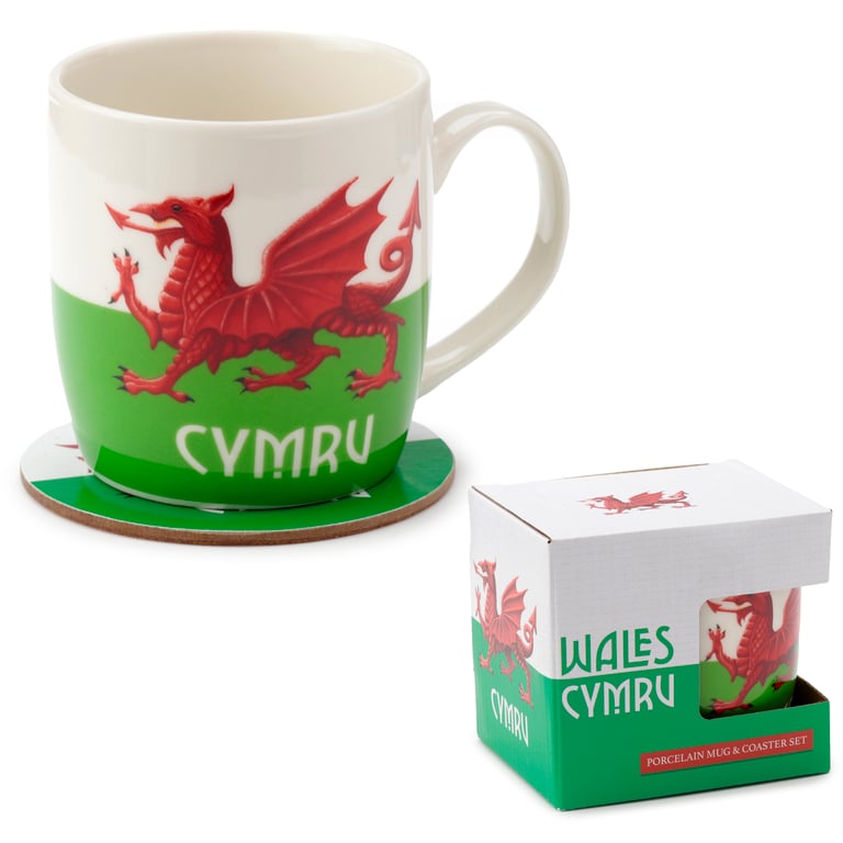 Porcelain Welsh Dragon Mug & Coaster Set - Dishwasher Safe, 375ml Souvenir from Wales