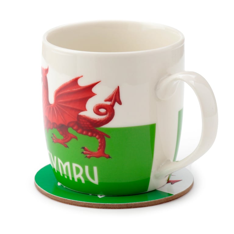 Porcelain Welsh Dragon Mug & Coaster Set - Dishwasher Safe, 375ml Souvenir from Wales