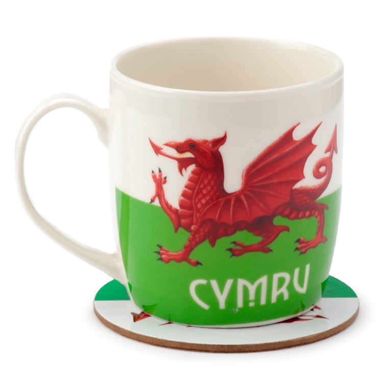 Porcelain Welsh Dragon Mug & Coaster Set - Dishwasher Safe, 375ml Souvenir from Wales