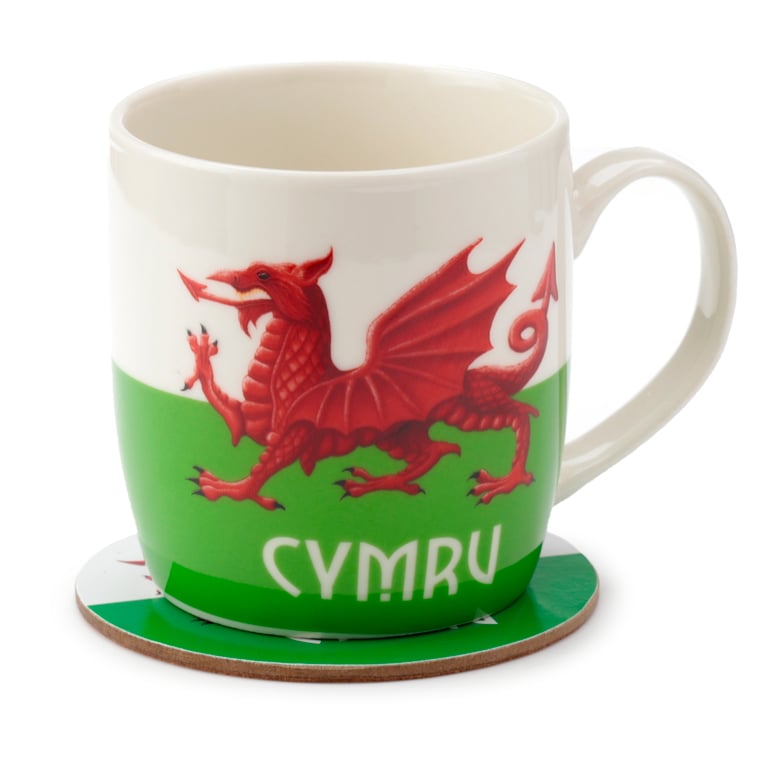 Porcelain Welsh Dragon Mug & Coaster Set - Dishwasher Safe, 375ml Souvenir from Wales
