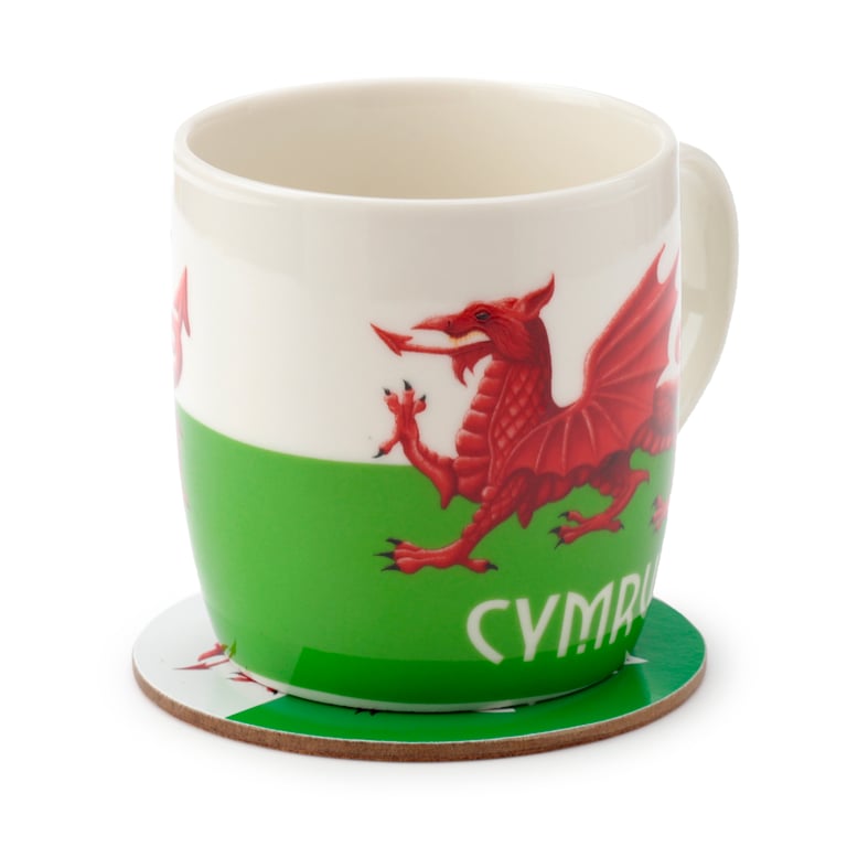 Porcelain Welsh Dragon Mug & Coaster Set - Dishwasher Safe, 375ml Souvenir from Wales