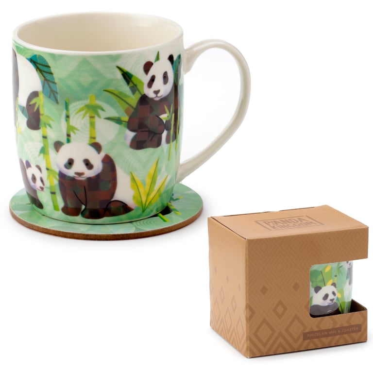 Porcelain Panda Kingdom Mug & Cork Coaster Set - Microwave & Dishwasher Safe