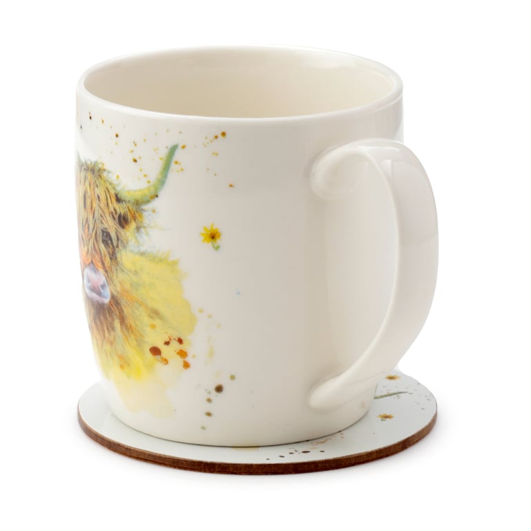 Porcelain Mug & Coaster Set - Licensed Highland Coo Cow Design, Microwave Safe, 375ml Capacity