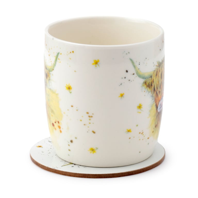 Porcelain Mug & Coaster Set - Licensed Highland Coo Cow Design, Microwave Safe, 375ml Capacity