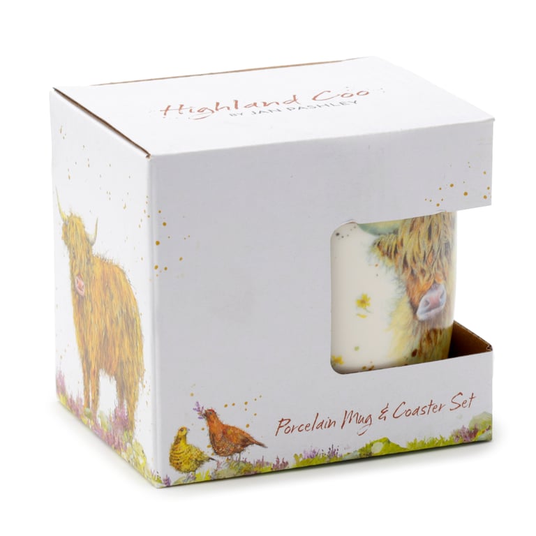 Porcelain Mug & Coaster Set - Licensed Highland Coo Cow Design, Microwave Safe, 375ml Capacity