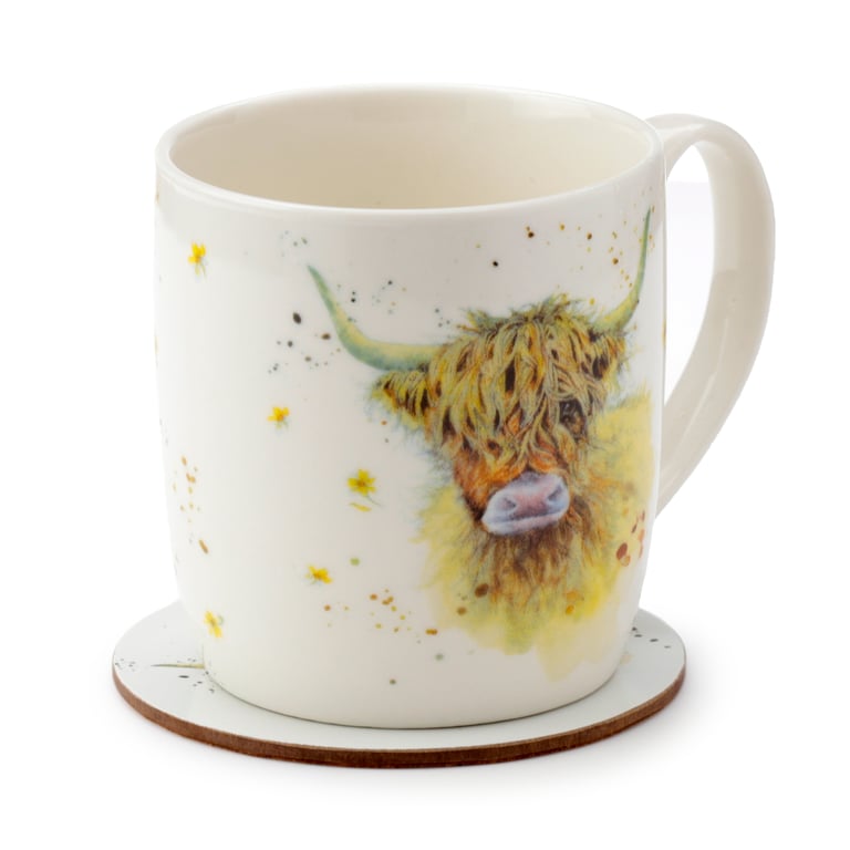 Porcelain Mug & Coaster Set - Licensed Highland Coo Cow Design, Microwave Safe, 375ml Capacity