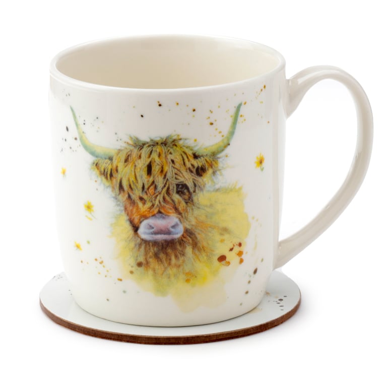 Porcelain Mug & Coaster Set - Licensed Highland Coo Cow Design, Microwave Safe, 375ml Capacity