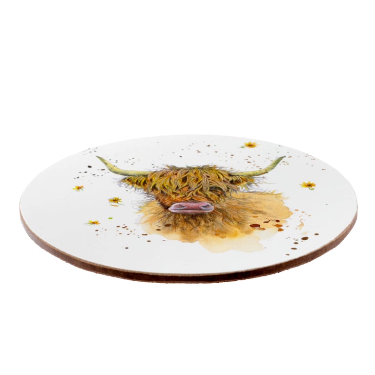 Porcelain Mug & Coaster Set - Licensed Highland Coo Cow Design, Microwave Safe, 375ml Capacity