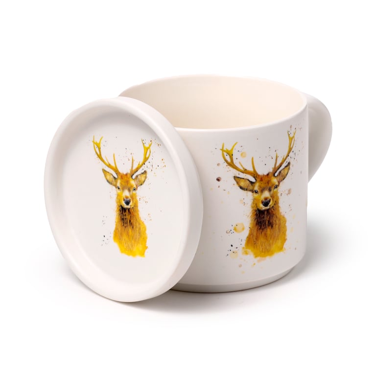Porcelain Mug & Coaster Lid Set - Jan Pashley Stag Design, Microwave Safe & Dishwasher Safe, 420ml