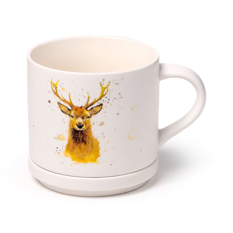 Porcelain Mug & Coaster Lid Set - Jan Pashley Stag Design, Microwave Safe & Dishwasher Safe, 420ml