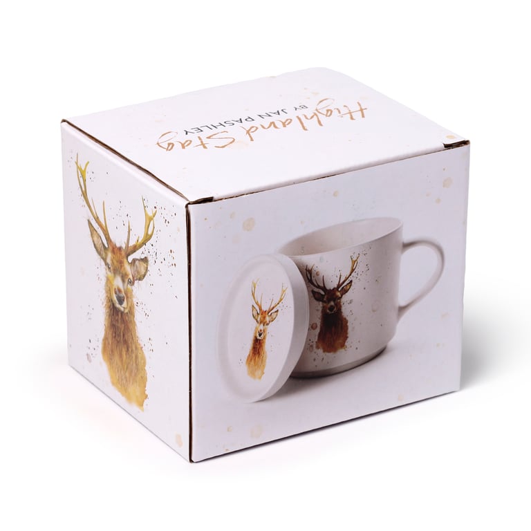 Porcelain Mug & Coaster Lid Set - Jan Pashley Stag Design, Microwave Safe & Dishwasher Safe, 420ml