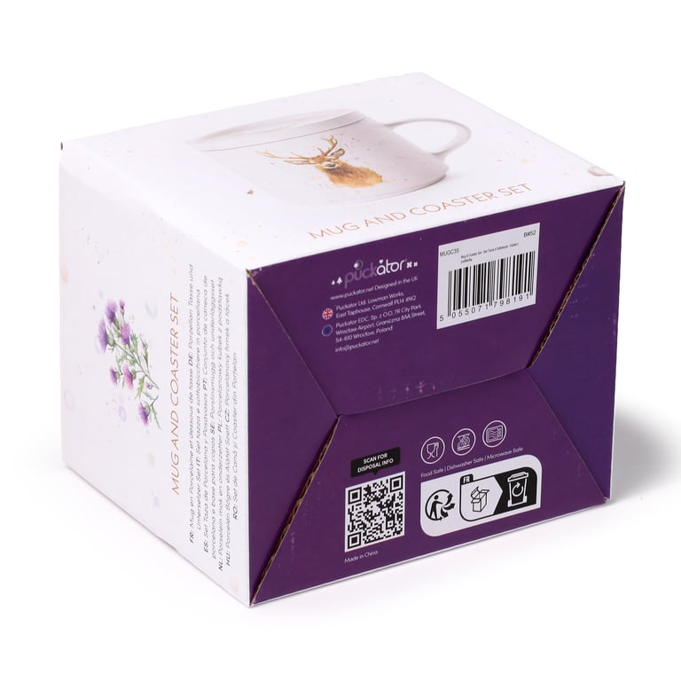 Porcelain Mug & Coaster Lid Set - Jan Pashley Stag Design, Microwave Safe & Dishwasher Safe, 420ml