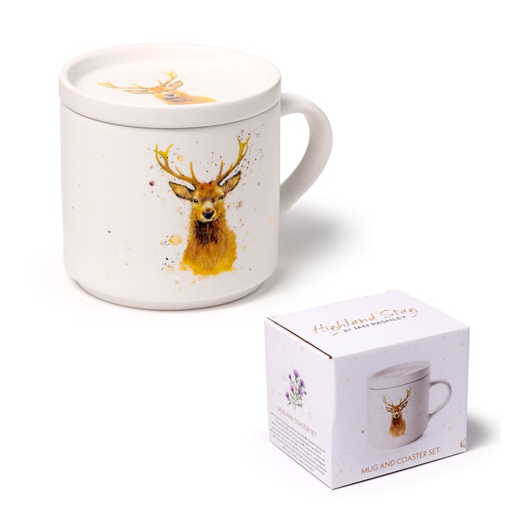 Porcelain Mug & Coaster Lid Set - Jan Pashley Stag Design, Microwave Safe & Dishwasher Safe, 420ml