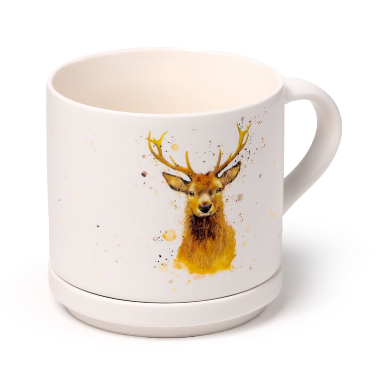 Porcelain Mug & Coaster Lid Set - Jan Pashley Stag Design, Microwave Safe & Dishwasher Safe, 420ml