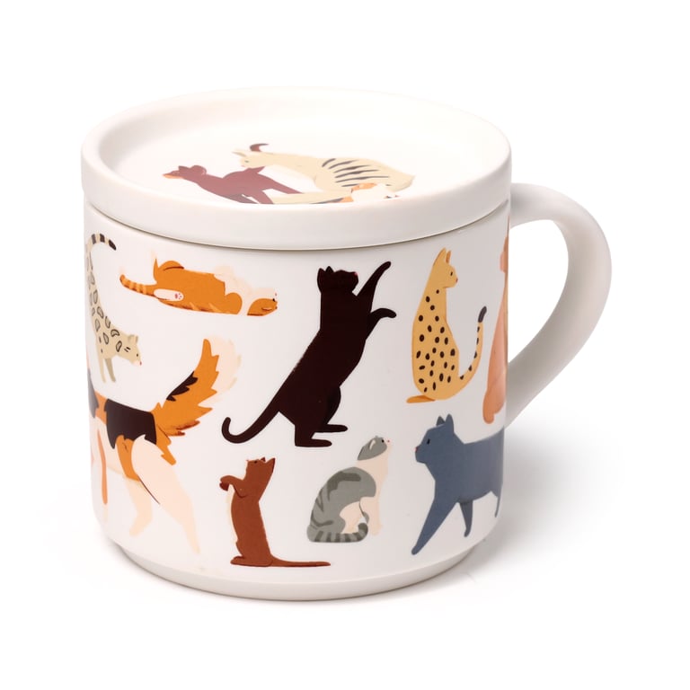 Porcelain Feline Fine Cats Mug & Coaster Lid Set - Microwave & Dishwasher Safe