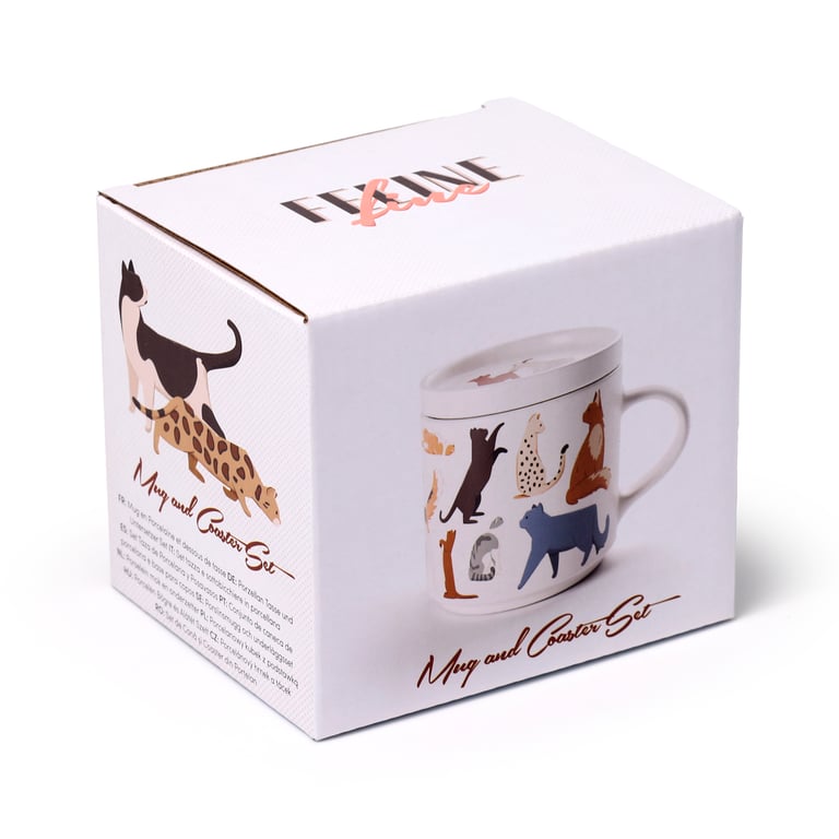 Porcelain Feline Fine Cats Mug & Coaster Lid Set - Microwave & Dishwasher Safe