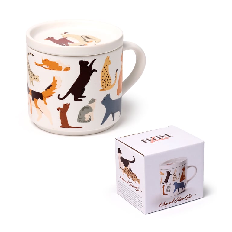 Porcelain Feline Fine Cats Mug & Coaster Lid Set - Microwave & Dishwasher Safe