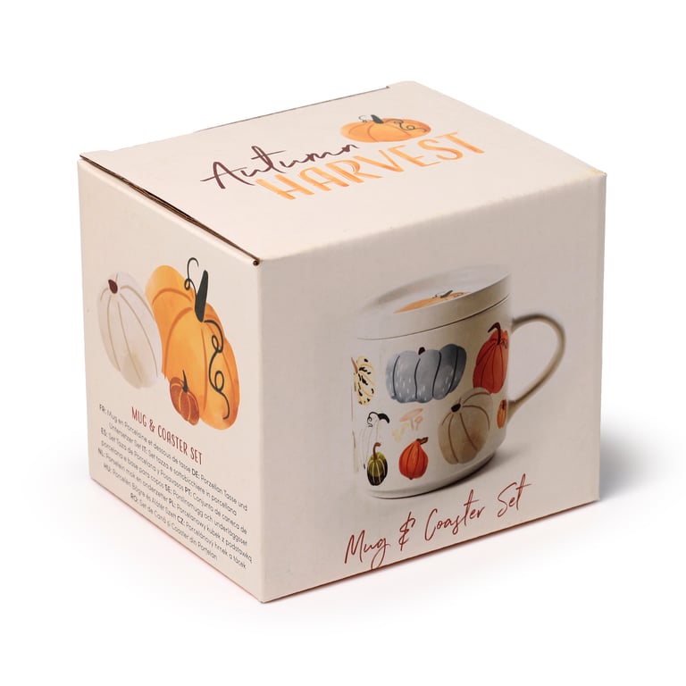 Porcelain Mug & Coaster Lid Set - Autumn Harvest Collection, Microwave and Dishwasher Safe, 420ml