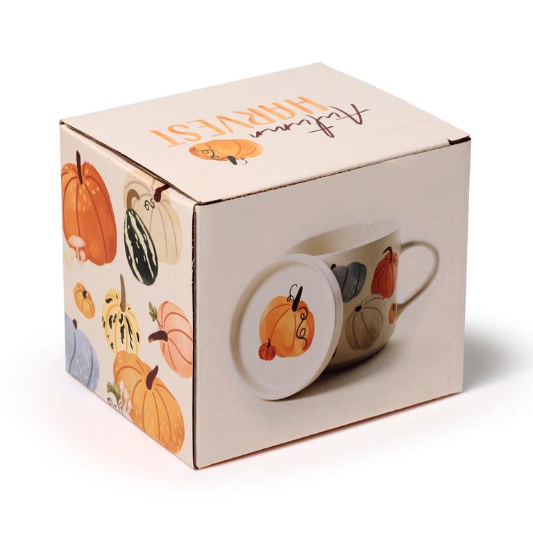 Porcelain Mug & Coaster Lid Set - Autumn Harvest Collection, Microwave and Dishwasher Safe, 420ml