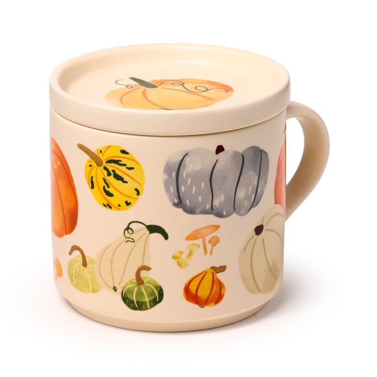 Porcelain Mug & Coaster Lid Set - Autumn Harvest Collection, Microwave and Dishwasher Safe, 420ml