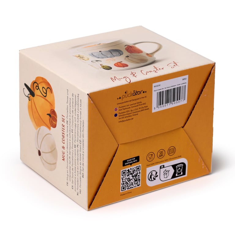 Porcelain Mug & Coaster Lid Set - Autumn Harvest Collection, Microwave and Dishwasher Safe, 420ml
